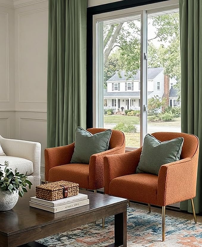 INOVADAY 100% Blackout Curtains for Bedroom, Moss Green Black Out Curtains 84 Inch Long, Clip Rings Linen Blackout Drapes, Thermal Insulated Room Darkening for Living Room, 2 Panels - W50xL84