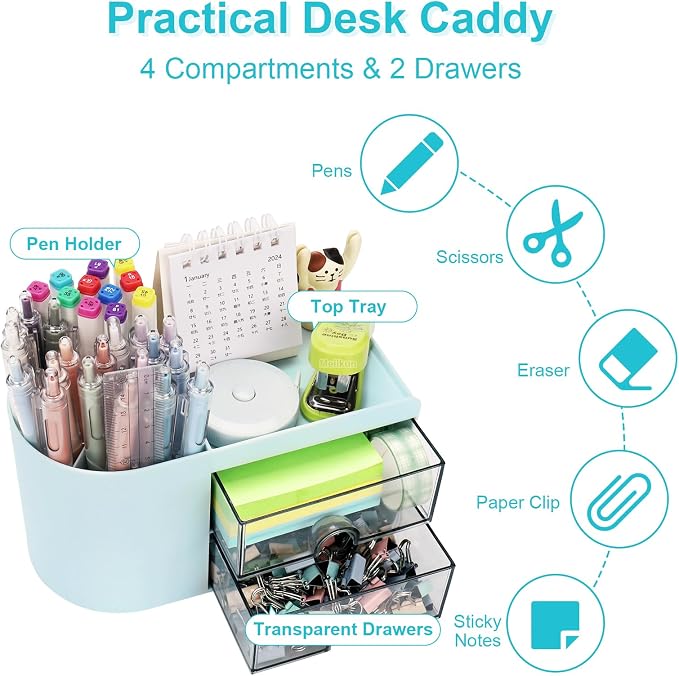 Meiikun Desk Organizer with Drawer, Pen Organizer for Desk, Small Pencil Holder, Desk Organizers and Accessories for Office Home Storage (2 Drawers+4 Compartments, Blue)