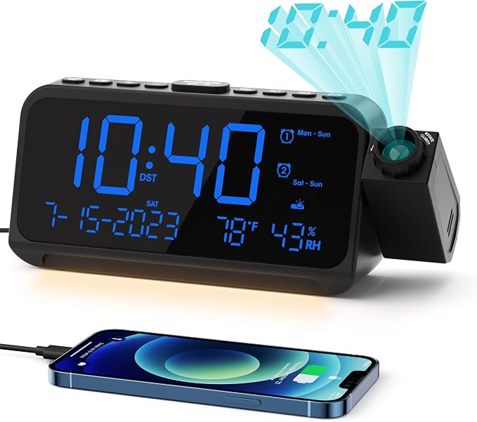 ROCAM Projection Alarm Clock with 180° Ceiling Projector & Digital Display | 5-Level Dimmer, Dual Alarms, Night Light, Temp & Humidity Display, Weekday/Weekend Mode, DST, Snooze Function for bedroom
