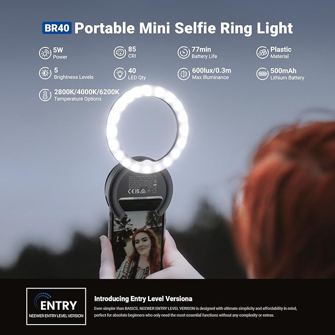 NEEWER Entry Level Version 4" Phone Selfie Ring Light Compatible with iPhone, 5W Bi Color Rechargeable Clip Lighting with 500mAh/CRI85 for Video Recording Makeup Laptop Webcam Video Conference, BR40