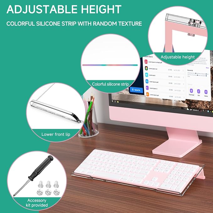 Ergonomic Computer Keyboard Stand - Adjustable Keyboard Riser Tilt Clear and Pink Acrylic Keyboard Tray Non-Slip Elevated Typing Key Board Holder Lift for Home Office Desk Accessories