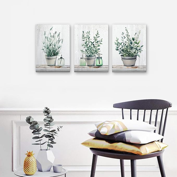 MHARTK66 Family Canvas Wall Decor for Bedroom, Dining Room, Living Room & Office - Green Leaf Vase Artwork - 12x16in