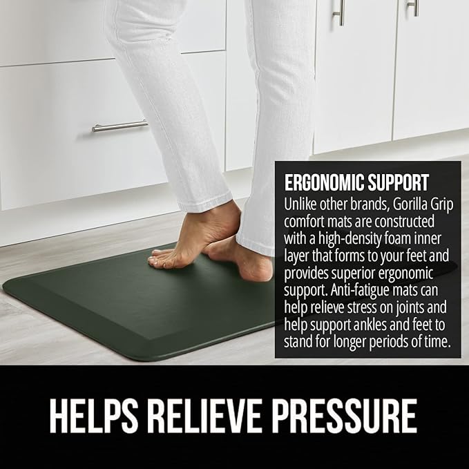 GORILLA GRIP Comfortable Cushioned Kitchen Mats for Floor, 48x20, Waterproof and Stain Resistant Soft Top, 3/4 Inch Thick Ergonomic Standing Desk Anti Fatigue Mat, Foam Supports Feet, Forrest Green