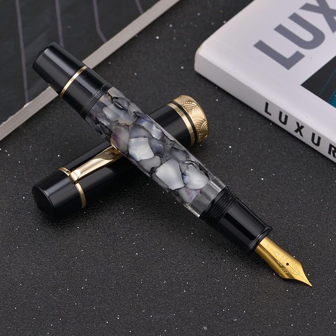 erofa Majohn P139 Fountain Pen Extra Fine Nib Brass Piston System Large Capacity Writing Pen with Box, Gray Marble Acrylic