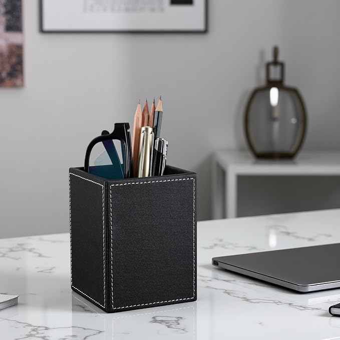PU Leather Square Pens Pencils Holder Cup Desktop Stationery Organizer Case Office Accessories Container Box (black)