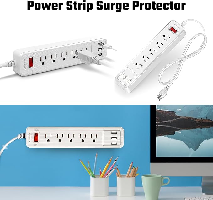 Power Strip, SUPERDANNY Surge Protector, 5 Outlets, 3 USB Ports, 4.5 Ft Extension Cord, 900 Joules, Mountable, Overload Switch, Protected Indicator Light, Multiple Protections for Home Office, White