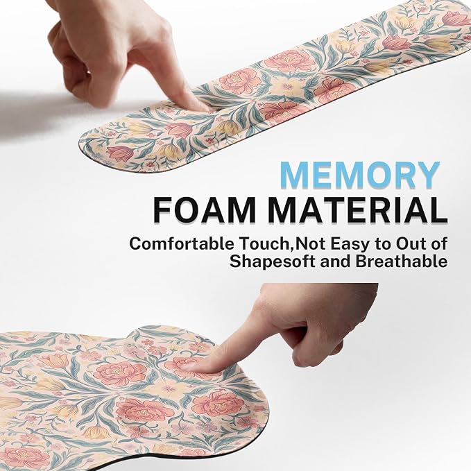 Britimes Pink Floral Vintage Boho Ergonomic Mouse Pad Set with Wrist Rest Non-Slip Rubber Base Wrist Cushion Support and Coasters Mousepad with Wrist Support for Computer Keyboard and Desk