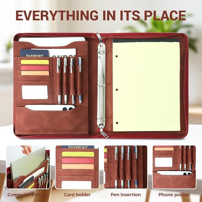 A4 Embossed Faux Leather Zippered Padfolio with 3 Ring Binder, Executive Portfolio Organizer Binder for Women, Fits 13.9" Laptop/Tablet, Refillable Writing Pad Pocket, Red