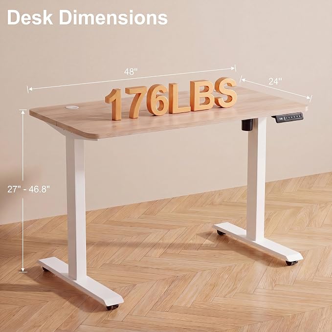 Electric Standing Desk with Power Outlets and USB-C Port, 48 x 24 Inches Adjustable Height Sit Stand Up Desk for Home Office, Adjustable Desk with Memory Preset and Wheels, Oak