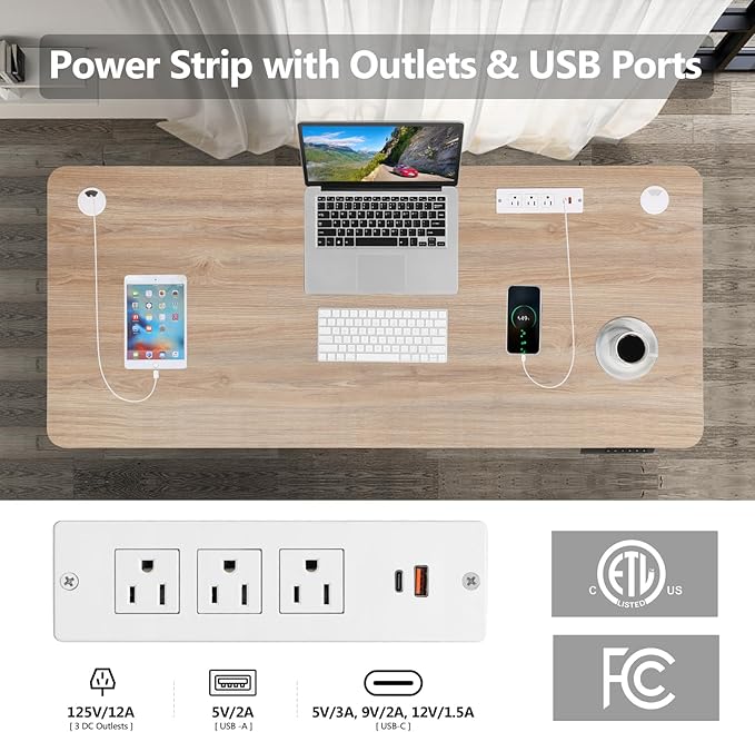 farexon 48 x 24 inch Standing Desk Electric Adjustable Height with Charging Station, Stand up Desk with Wheels, Preset Heights Home Office Gaming Computer Workstations Table（Oak