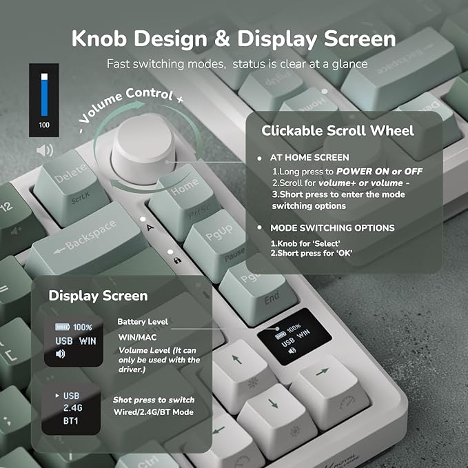 RK Royal KLUDGE M75 Wireless Mechanical Keyboard 2.4Ghz/BT5.1/USB-C Gaming Keyboard 75% Layout 81 Keys Gasket Mount with OLED Display & Knob RGB Backlight Hot-Swappable Cream Switch, Green