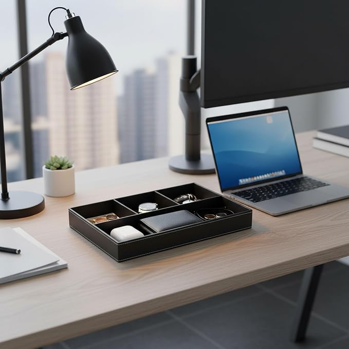 Leather Valet Organizer Nightstand & Dresser Storage Tray (Black) | Stackable, Entryway Desk Catchall Tray for Keys Wallet Watch Phone, Bedside Desktop PU Leather Drawer Caddy Tray for Men