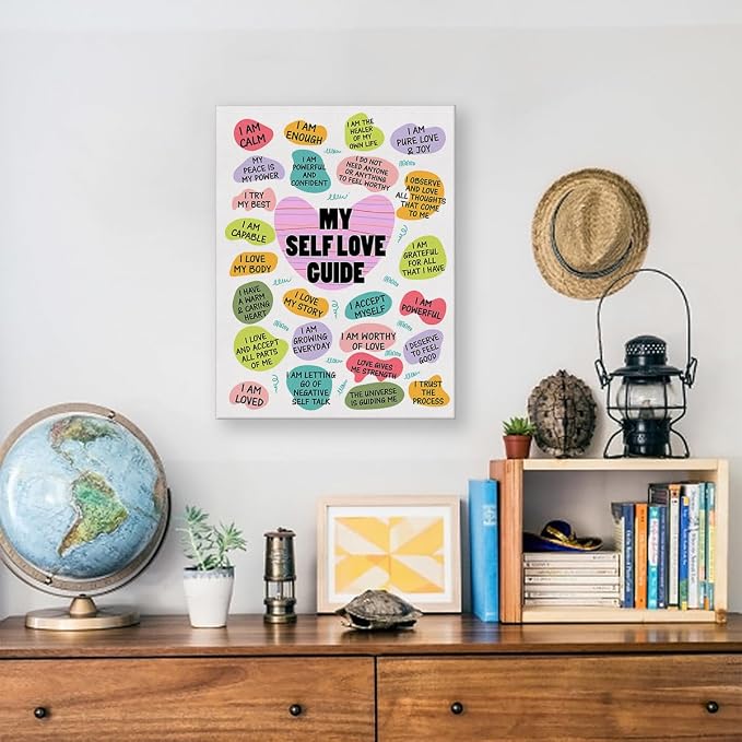 Inspirational Self Love Poster Canvas Wall Art for Home Decor - Positive Daily Affirmations My Self Love Guide Canvas Print Wall Art Painting Ready to Hang Gifts - Easel & Hanging Hook 12x15 Inch