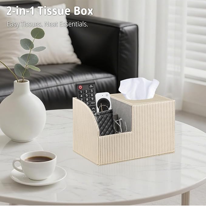 Square Tissue Box Cover with Storage, PU Leather Facial Cube Tissue Holder | TV Remote Control Holder, Desk Accessories Nightstand Organizer, Modern Table Caddy for Bathroom, Bedroom, Home, Office Decor