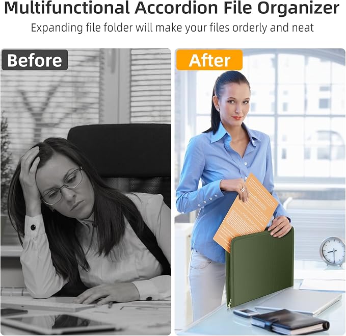 Fireproof Accordion File Organizer, Portable Expanding File Folder with Waterproof Zipper&Labels, Green Document Organizer with 13 Pockets, File Organizer for Important Document/Paper Storage