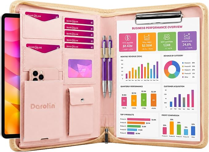 Darolin Vegan Leather Padfolio Portfolio with Zipper, Clipboard -Rosegold | Professional Padfolio for Men Women, Business Resume Folder with Clipboard, Portfolio Bag, Padfolio Organizer for Work Travel