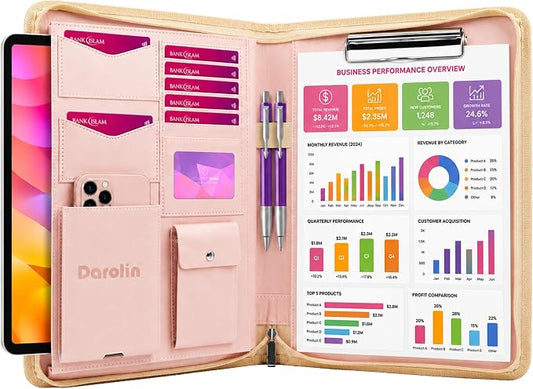 Darolin Vegan Leather Padfolio Portfolio with Zipper, Clipboard -Rosegold | Professional Padfolio for Men Women, Business Resume Folder with Clipboard, Portfolio Bag, Padfolio Organizer for Work Travel