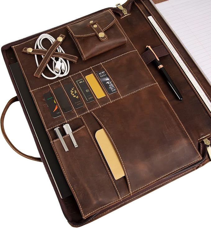 Genuine Leather Portfolio, Padfolio Organizer with Handle, Personalized Padfolios，Padfolios with Zipper for Men Women，Suitable for 15-inch Laptop Legal Pad Padfolio, Dark Khaki