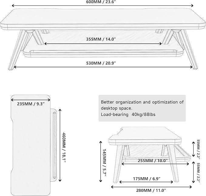 Fenge Monitor Stand Riser, Wooden Desk Shelf with 2-Tier Storage | 23.6-Inch Wide, Sturdy Aluminum Legs, Built-In Phone & Tablet Slot, Desktop Organizer for Office Accessories