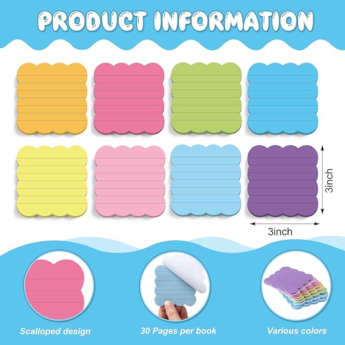 Eaasty 8 Pack Scalloped Aesthetic Sticky Notes Bulk Colorful Cute Wavy Self Sticky Note Pads 3" x 3" Lined Rainbow Colors Note Pads for Back to School Office Supplies 240 Sheets