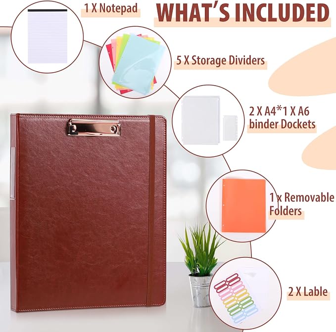Leather Binder Portfolio with Clipboard 1 Inch, 13" × 11" PU Clipboard Binder with Notepad, 5 Dividers with Pockets, Removable Folder,Labels,Great for School Office(Fit Letter Sized Paper)