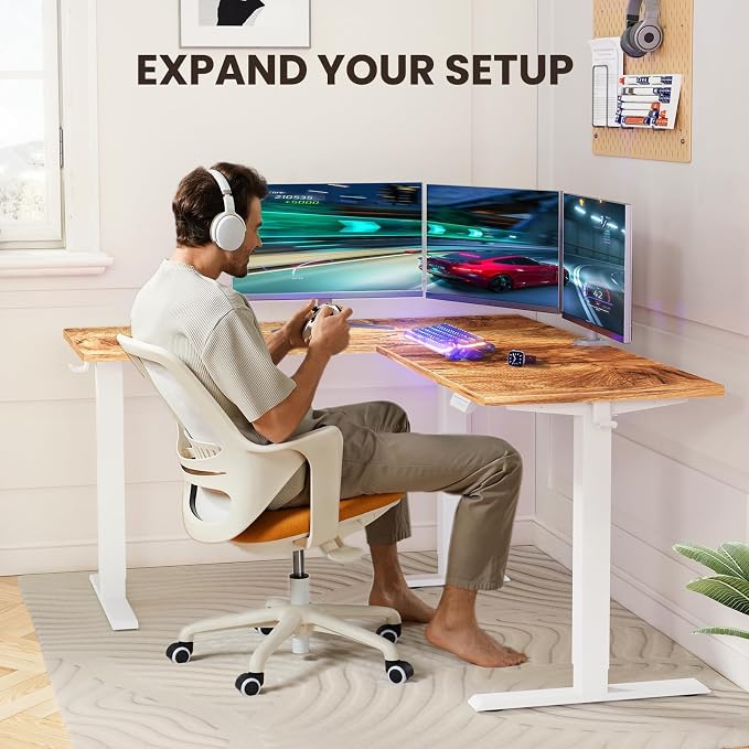 ErGear 63″ L Shaped Standing Desk Electric Adjustable Height, Light Vintage | Left & Right Interchangeable Installation, 4 Memory Presets, One-Touch Control, Stable Steel Frame, 220 lbs Capacity