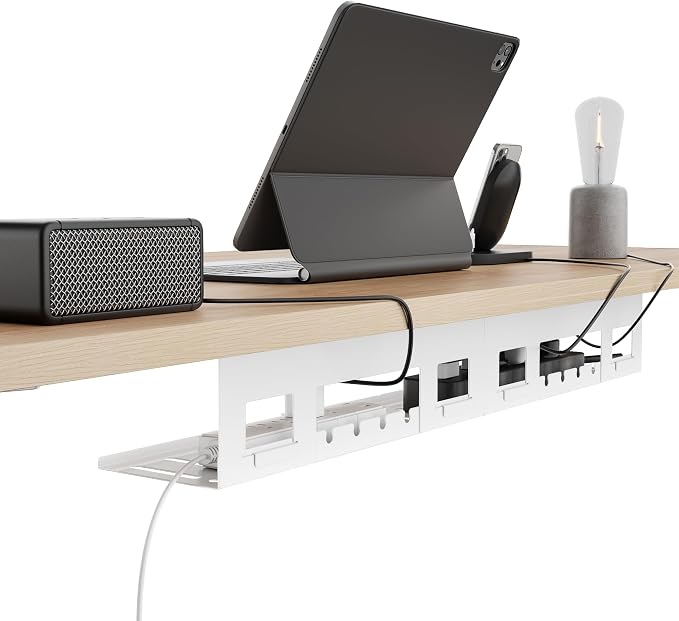 Under Desk Cable Management Tray, 31.5'' Screw-Mount Steel Rack | Metal Cord Organizer for Power Strips, Chargers, Reversible Installation, Effortless Wire Management for Home Office, White