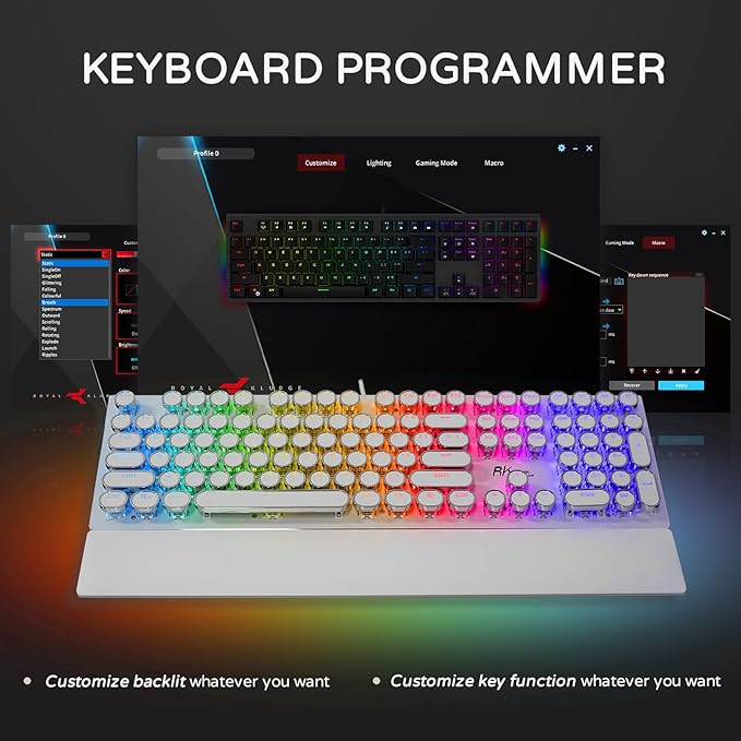 RK ROYAL KLUDGE S108 Typewriter Mechanical Keyboard, Full RGB Gaming Keyboard, Wired PC Game Keyboards with Detachable Wrist Rest and Number Pad, Retro Round Keycaps, Brown Switch White