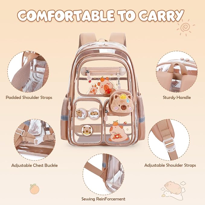 Capybara Theme Clear Backpack, 28Pcs School Supplies Stationery Transparent Backpack Set with Lunch Box Pencil Case Pens Notebooks for Kids Girls Elementary Middle School Stadium Approved