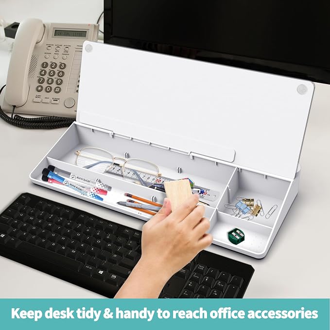 Glass Desktop Whiteboard with Storage, 16"x7" with 3 Markers | Desk Dry Erase Board for Quick-Note Replace Sticky-Notes, Small White Boards Organizer for Home Office as to Do List Memo