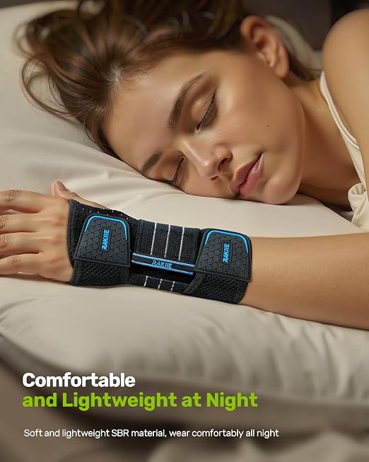 Rakiie Carpal Tunnel Wrist Brace, Adjustable Night Wrist Support with 3 Metal Splints, Hand Brace for Men Women No Pressure on Thumb, Splint Stabilizer for Work, Arthritis (Right Hand, Blue, Large)