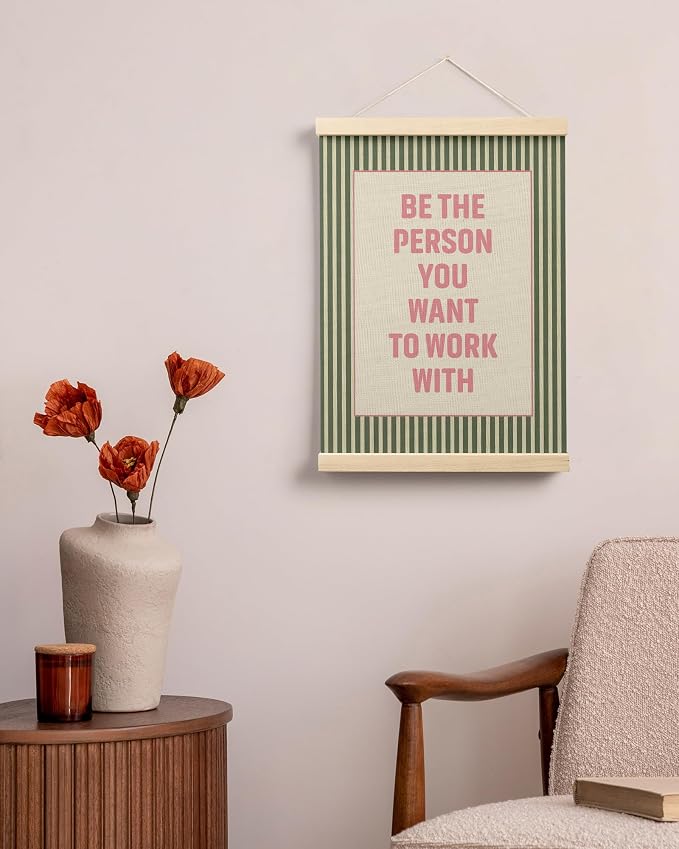 FGFK Inspirational Office Wall Art Poster Hanger Frame, Retro Pink and Green Be the Person You Want to Work with Motivational Teamwork Canvas Prints Framed Wall Decor for Office Workplace, 12x16 Inch