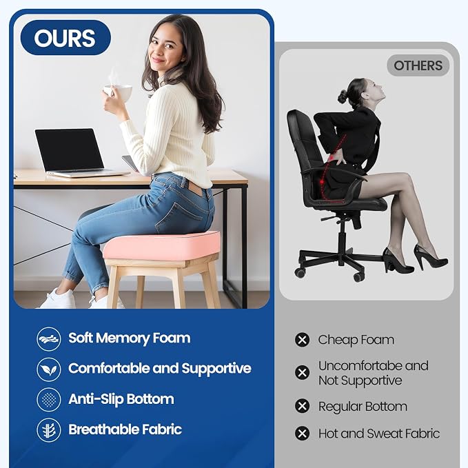SweetSlubr Seat Cushion for Tailbone Pain Relief, Office Chair Cushion, Memory Foam Large Chair Cushion with Non-Slip Cover for Soft Support at Office Chair, Car Seat, Airplane Pink/X-Large