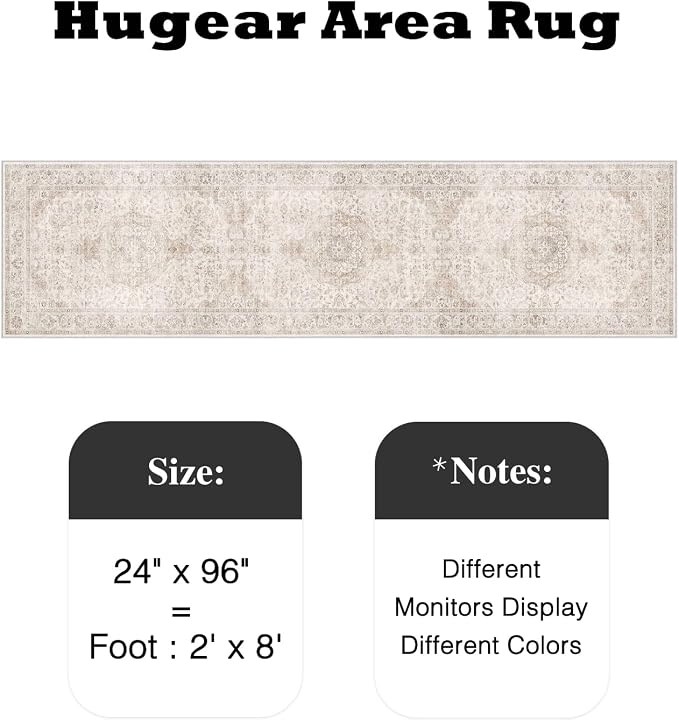 HUGEAR 2x8 Runner Rug Hallway Vintage Beige Machine Washable Neutral Floral Low Pile Carpet Vacuumable Thin Long Throw Rug Bedroom Office Bathroom Kitchen Laundry Non Slip Soft Lightweight