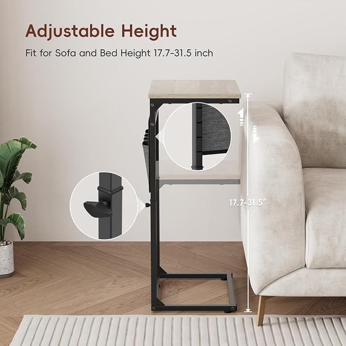 Vagusicc C Shaped End Table, Set of 2 Tall Side Table for Couch, Adjustable Height Small Couch Side Table for Small Spaces, End Table Slide Under Sofa Table TV Tray Arm Table for Living Room, Grey
