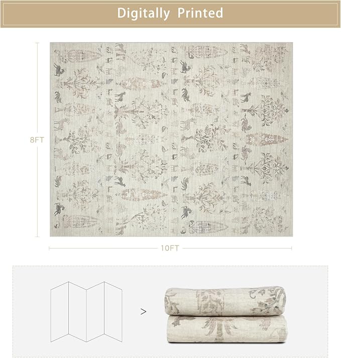 Srugn Washable Rugs 8x10 Area Rugs for Living Room,Bedroom,Dining Room- Large Ultra Soft Faux Wool Retro Carpet,Non Slip&Non-Shedding Low Pile Vintage Print Rug for Home Office Dorm Playroom-Brown