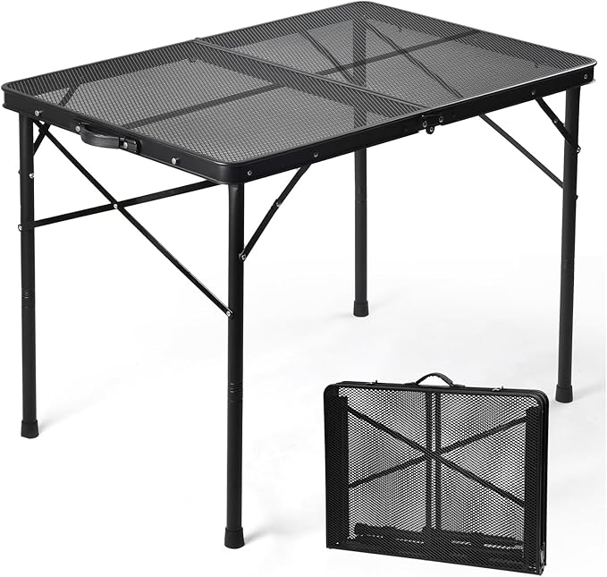 3 ft Folding Table with Adjustable Height, Camping Table with Carry Handle, Metal Mesh Table ,Portable Grill Table for Camping, Tailgating, BBQ, Picnic & Indoor, Fits 3–6 People, Supports 66 lb, Black