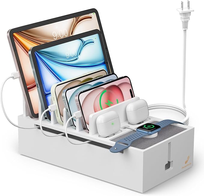 Pezin & Hulin Bamboo Charging Dock Station for Electronic Devices-White | Docking Organizer for Phone and Tablets, Smart Watch, Earbuds, Power Strip Box (Included 5-Port USB Charger and 6 Cables)