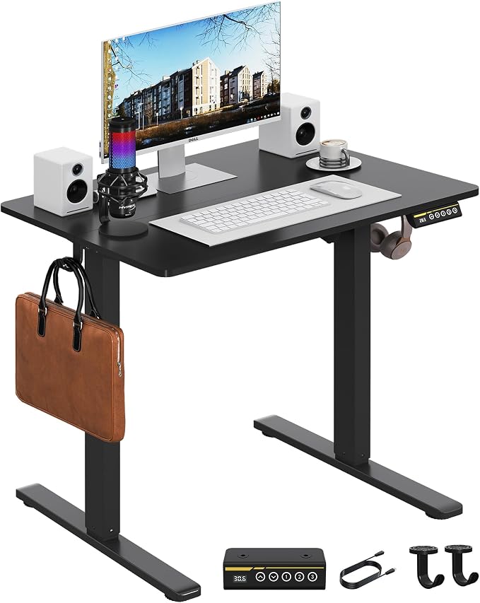 32 x 24 Inch Height Adjustable Standing Desk, 3 Presets, Black | 32 x 24 in Desktop, 28.3–46.5 in Height, 2+3 Controls, ≤45 dB, 154 lb Capacity, 2 Hooks