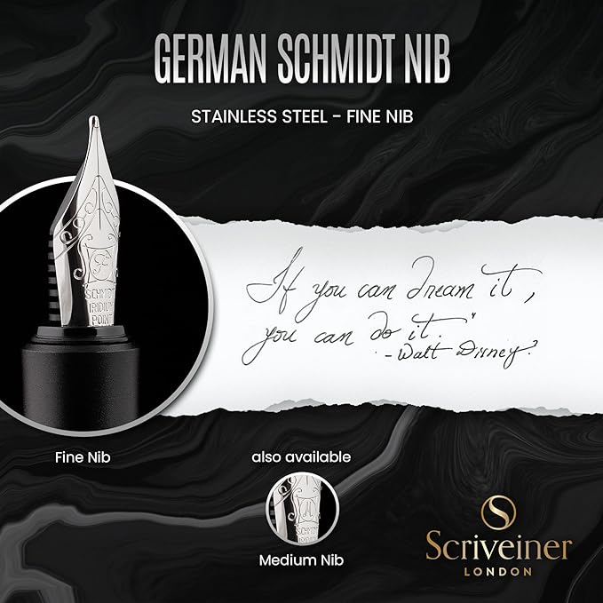 Scriveiner Luxury EDC Fountain Pen (Fine), Stunning Matt Black Pocket Pen, Chrome Finish, Schmidt German Nib, Converter, Best Writing Pen Gift Set for Men & Women, Nice Fancy Office Designer Pen