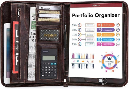 Faux Leather Portfolio Padfolio Organizer with Calculator, Writing Pad, Zipper Closure, Tablet Sleeve, Clipboard with Storage, Document Organizer, Business Card Holder, Note Pads- Dark Brown