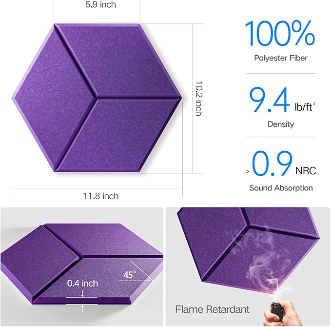 12 Pack Self-Adhesive Acoustic Panels 12" X 10" X 0.4" - Sound Proof Foam Panels with High Density, Y-Lined Design, Flame Resistant, Absorb Noise and Eliminate Echoes(Purple)
