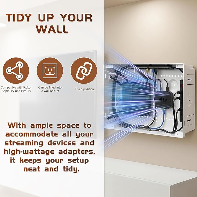 9" in Wall TV Media Box for Device & Cable Management Hidden Outlet Box, Structured Wiring Enclosure with Custom Knockouts, WiFi Friendly, for Roku, Apple TV, Fire TV Stick & Samsung One Connect Mini