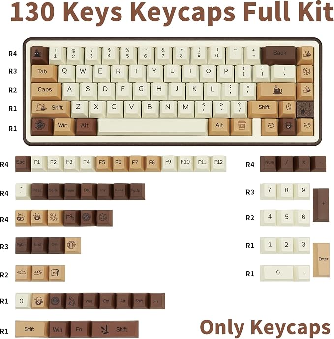 Brown PBT Keycaps, Coffee Cat Cute Keycaps, Cherry Profile Key caps 60 65 75 100 Percent, Dye-Sublimation Custom 130 Keys Set for 100%, 75%, 65%, 60% Cherry Gateron MX Switches Keyboards