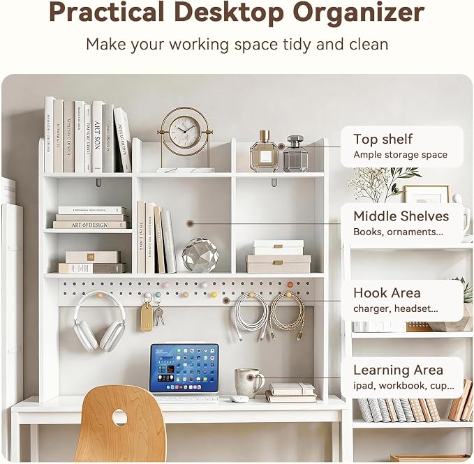OOOK 35.8" L White Desk Hutch with Pegboard, Dorm Desk Organizer | Multipurpose Desktop Bookshelf for Dorm Office Home, 3-Tier Wooden Display Rack for Computer Desk