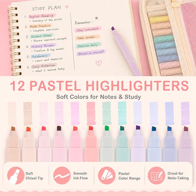 Aesthetic School Supplies with Pencil Pouch - 57 Pcs Cute College Essentials Set, Big Capacity Pen Case, Eraser Holder, Pastel Highlighters, Bible Study Journaling Stationary Kit for Girls Teens
