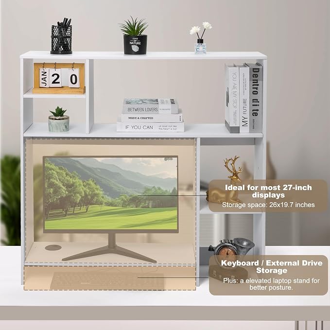 Modern Wooden Desktop Bookshelf Hutch, White Desk Organizer with 7 Shelves for Computer Desk, Vertical Storage for Small Desks, Home Office, Dorm