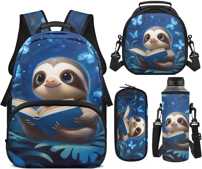 Kawaii Sloth Backpack Set for Girls, 4PCS Cute School Backpack with Lunch Box, Pencil Case & Water Bottle Sleeve, 17 Inch Elementary Bookbag for Kids Ages 6-8 Back to School