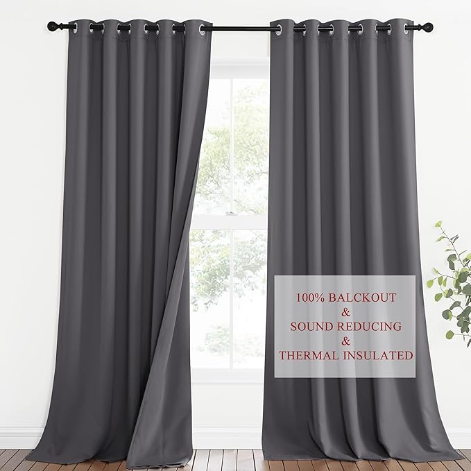 NICETOWN Noise Insulation Curtain Panels, Pair of Energy Smart & 100% Blackout Echo of Sounds Reducing Drapes for Dining Room Window, Thermal Guest Room Lined Window Dressing(Gray, 62 x 95 inch)