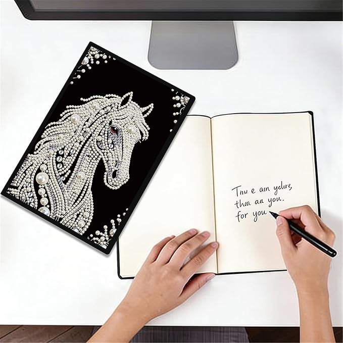FRANDEK Pearl Painting Notebook Kit, Black and White Horse A5 DIY Journal with 50 Blank Pages, Diamond Gem Art Cover with Waterproof Canvas, Beginner Craft Set with Full Tools for Adults